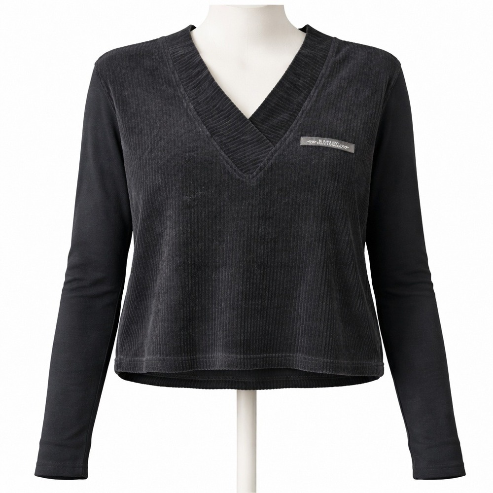 Harley Davidson Biker Corduroy Long‎ Sleeve Top Size XL Black Grunge Girl Moto